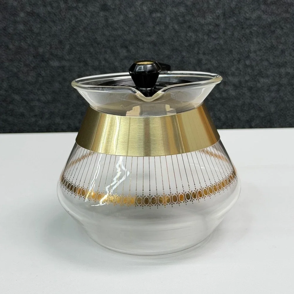 Vintage Pyrex 2 Cup Glass Carafe Gold Medallion Atomic Starburst Coffee Server